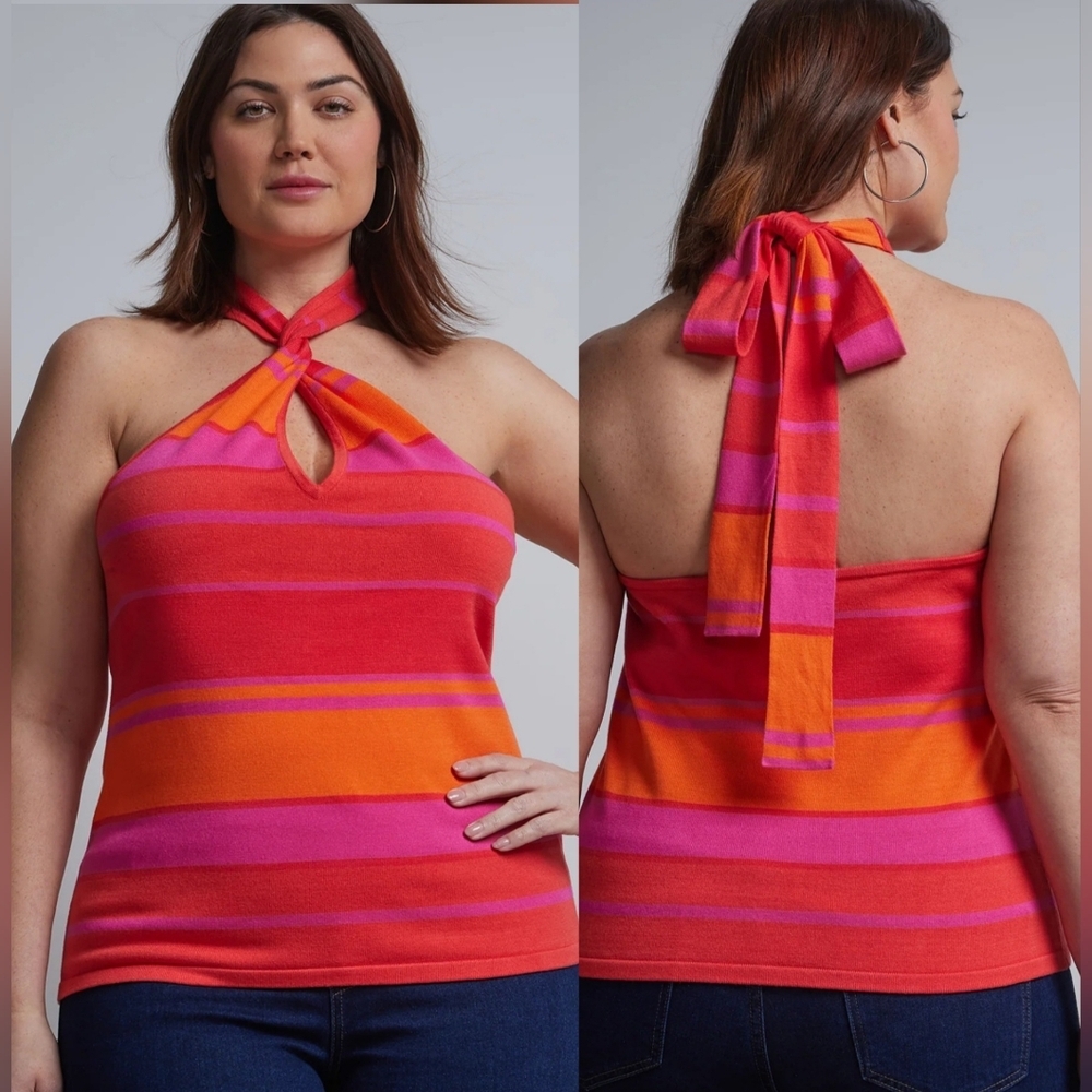 New York & Company Pink& Orange Striped Halterneck Top~ Plus Size XXL